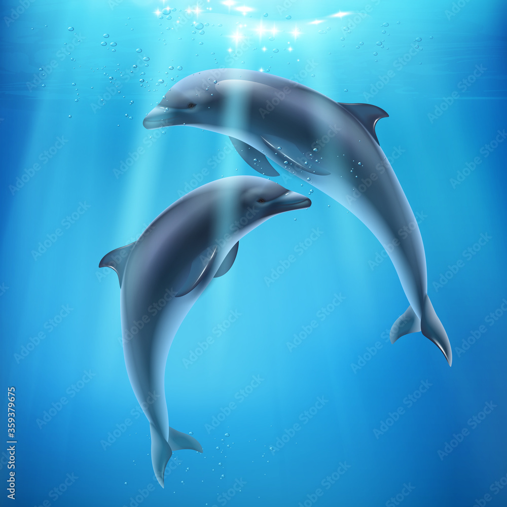 Sticker Dolphin In Sea Realistic Composition