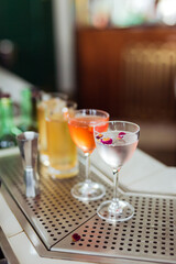 Several beautiful cocktails in nick and nora and highball glasses at the bar