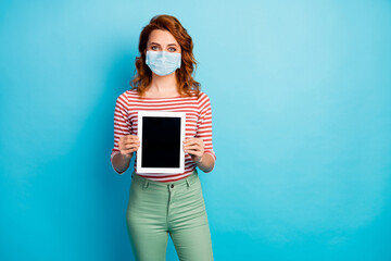 Portrait of her she nice attractive wavy-haired girl holding tablet display new novelty stay home...