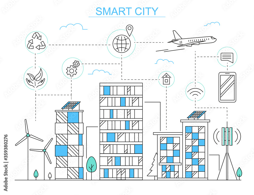 Poster Smart City Urban Building Concept Contour Linear Style. Vector