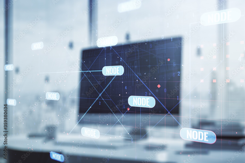 Poster double exposure of abstract creative programming illustration on computer background, big data and b