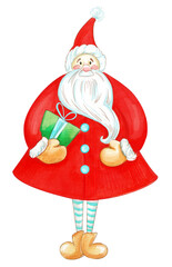 Watercolor cartoon illustration of Santa Claus character with Christmas gifts. Cute fairy tale Santa Claus. Watercolor Happy New Year illustration. For Christmas cards, banners, tags and labels.
