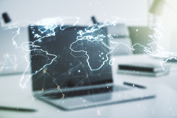 Double exposure of abstract digital world map on computer background, big data and blockchain concept