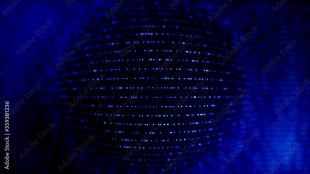 Poster 4k seamless looped science-fiction blue background with radial structures, particles oscillate and m