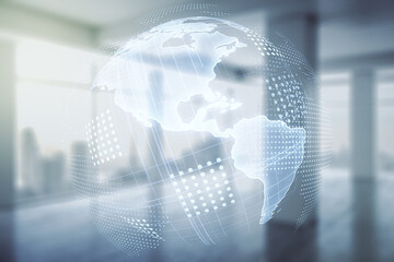 Virtual digital map of North America on empty corporate office background, international trading concept. Multiexposure