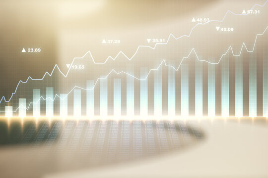 Multi exposure of virtual abstract financial diagram on abstract empty interior background, banking and accounting concept - Powered by Adobe