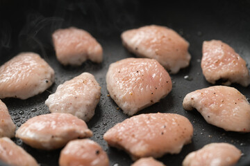 fying chicken fillet slices on nonstick pan