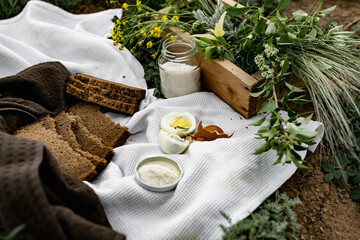 Slices of black bread and a boiled chicken egg on a white towel on the green grass. Picnic in nature with simple food. Next to the salt and flowers with plants in a wooden box.