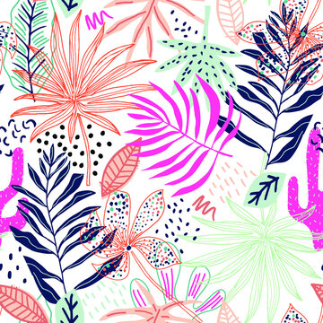 Seamless tropical pattern with hand drawn plants, leaves and exotic flowers. Jungle summer background. Perfect for fabric design, wallpaper, apparel. Vector illustration