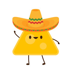 Nacho in Mexican hat. Nacho character design. Nachos on white background. Mexican hat.