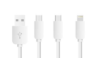 Set of USB Cable Lightning, Mini USB, Micro USB and USB type C interfaces.