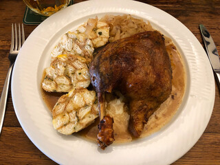 Traditional Czech meal of duck and dumplings