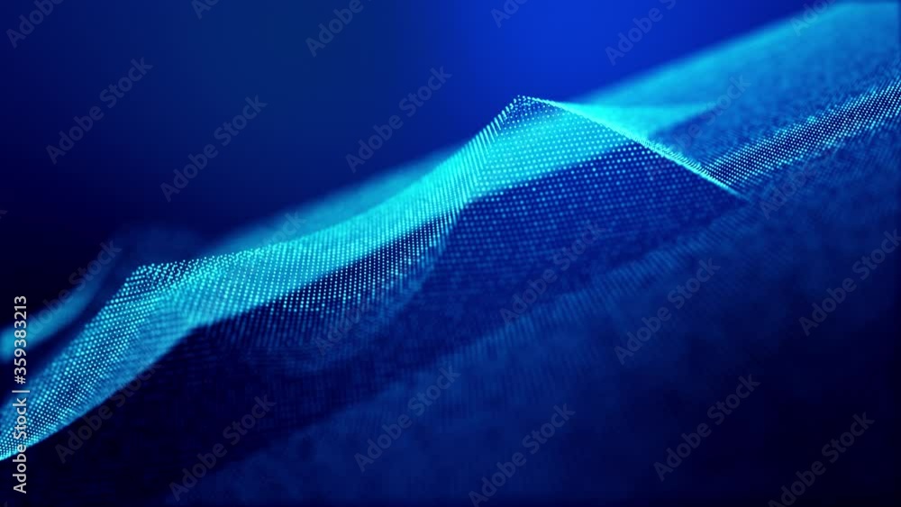Poster 4k seamless looped science-fiction blue background. glow particles form surface as futuristic landsc