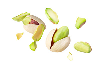 full pistachio piece floating in the air isolated on white background clipping path, full depth of...