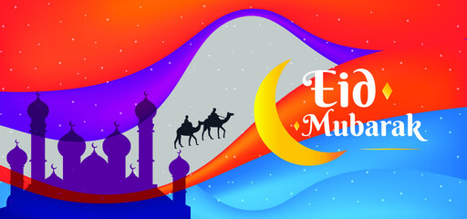 Eid Mubarak colorful greeting wish poster with camels and men, illustration vector, editable