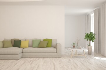 White living room with sofa. Scandinavian interior design. 3D illustration