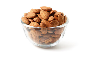Almond in a clear cup on the white background with clipping path.