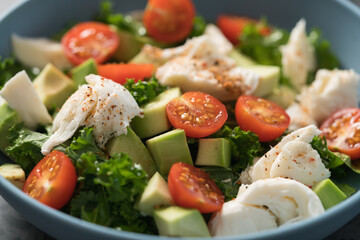 Salad with avocado, mozzarella, tomatoes and kale in blue ceramic bowl