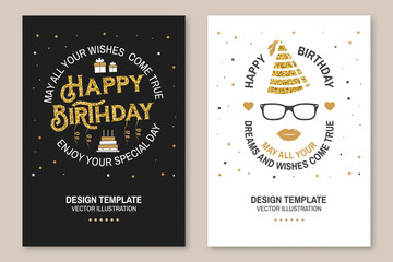 May all your wishes come true. Happy Birthday. Stamp, sticker, card with gifts and birthday cake with candles. Vector. Vintage typographic design for birthday celebration emblem in retro style