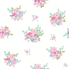 Colorful beautiful seamless floral pattern with Scandinavian bouquet on white background. 