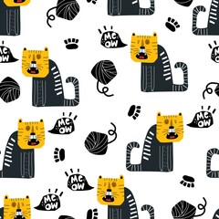 Seamless pattern with cartoon cats, decor elements. colorful vector for kids. flat style. Hand drawing, animals. baby design for fabric, print, textile, wrapper