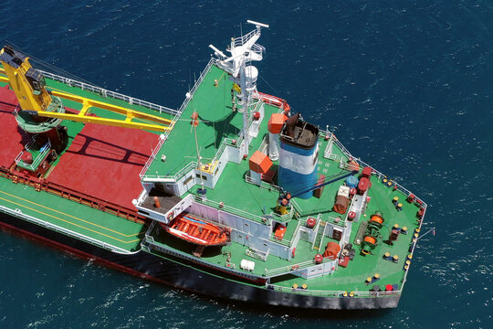 Communication and Radar tower of a large Cargo Ship, Aerial image.