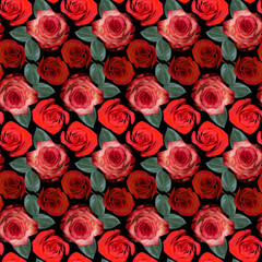 Seamless pattern with red, pink rose flowers and green leaves on black background. Endless colorful floral texture. Raster illustration.