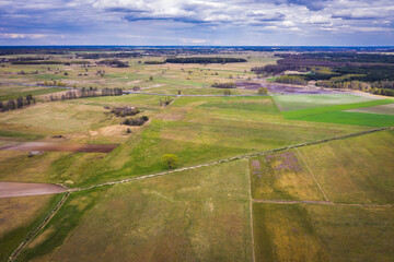 Drone view of rural landscape in Mazowsze region of Poland