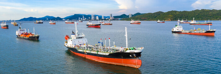 Oil tanker and LPG tanker parking at sea oil port terminal, Aerial view oil and gas petrochemical...