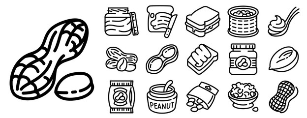 Peanut icons set. Outline set of peanut vector icons for web design isolated on white background