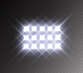 Stadium light effect isolated on transparent background. White flashlignt, flare, projector rays or spotlight. Vector glow searchlight template © Kindlena