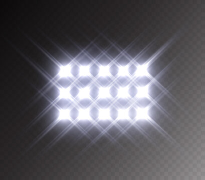 Stadium light effect isolated on transparent background. White flashlignt, flare, projector rays or spotlight. Vector glow searchlight template