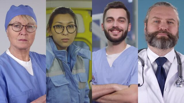 Split screen portraits of nurses, EMT and doctor in uniforms posing for camera
