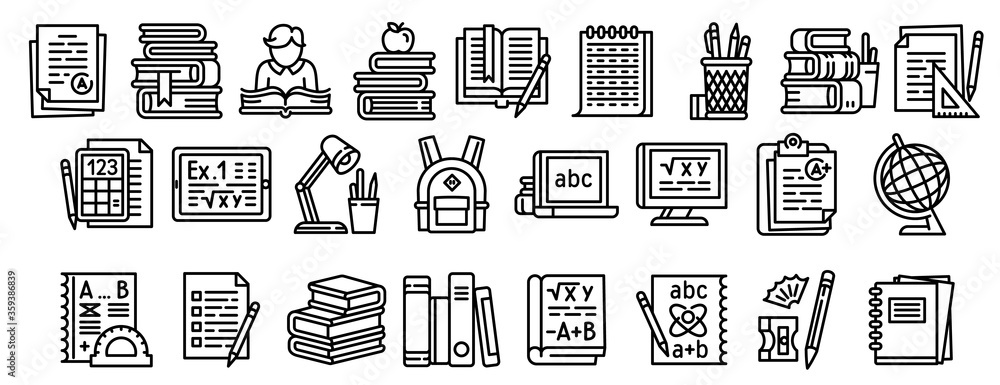 Poster homework icons set. outline set of homework vector icons for web design isolated on white background