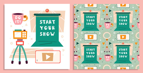 Blogging, vlogging set. Filming items. Chroma key, tripod, lightning, smartphone, cup. Flat colourful vector seamless pattern, texture, background, backdrop. Card making.