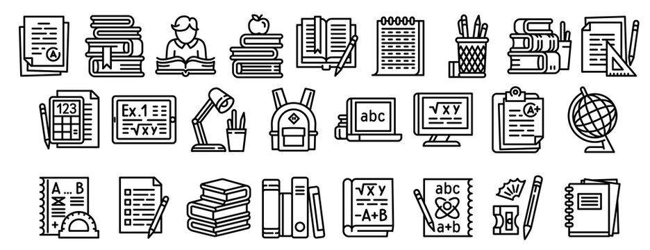 Homework icons set. Outline set of homework vector icons for web design isolated on white background