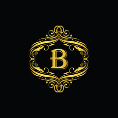 B letter  golden  flower  ornament. Vector logo. Monogram alphabet gold . Beautiful floral capital luxury