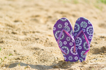 Purple sandals on the beach.