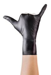 Hand in black gloves showing Shaka or surfer sign on white