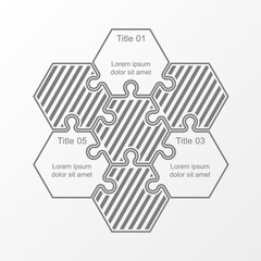 Six piece puzzle business presentation. Circle infograph. 6 step process diagram. Six section compare banner.