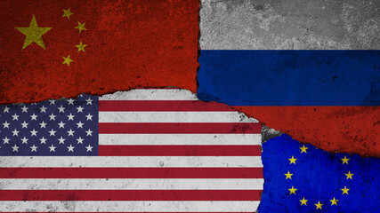 Concept of the Great Power Competition with Flags of the United States, Russia, China and the...