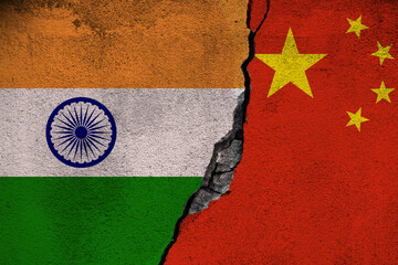 Concept of the Conflict between India and China with painted Flags on a Wall and a Crack between them