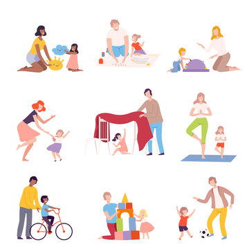 Parents and Kids Spending Time Together at Home Set, Fathers and Mothers Playing, Reading, Dancing and Doing Sports with Their Children Flat Style Vector Illustration