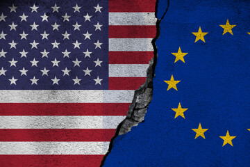 Concept of the Dispute between the United States and the European Union with painted Flags on a...