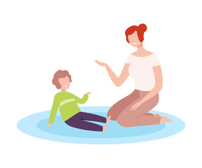 Mother and her Son Sitting on the Floor and Talking, Parent and Kid Spending Time Together at Home Flat Style Vector Illustration