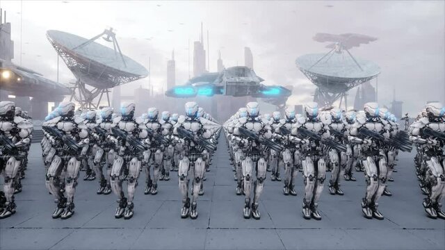 invasion of military robots. Dramatic apocalypse super realistic concept. Future. 4k animation.
