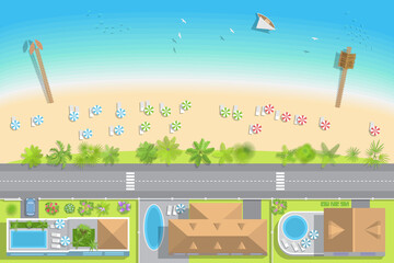 Fototapeta premium Map of the beach with houses (view from above). Summer holiday. Umbrellas and lounge chairs on the beach. (nobody here) Coastline with buildings, trees, umbrellas (top view).