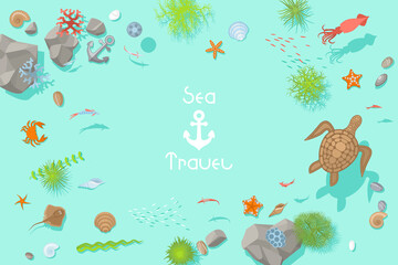 Obraz premium Vector background. The bottom of the sea view from above. Turtles, crabs, fish, corals, starfish, seaweed, shells, jellyfish. (Top view) 