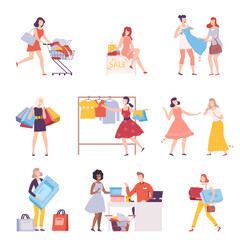 Young Women Taking Part in Seasonal Sale at Store, Mall Set, Girls Carrying Shopping Bags and Boxes with Purchases Flat Style Vector Illustration Isolated on White Background