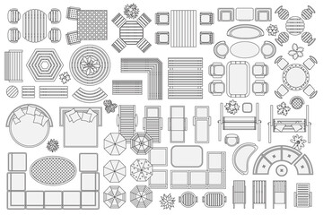 Icons set. Outdoor furniture and patio items. (top view) Isolated Vector Illustration. Tables, benches, chairs, sunbeds, swings, umbrellas, plants. (view from above). Furniture store.